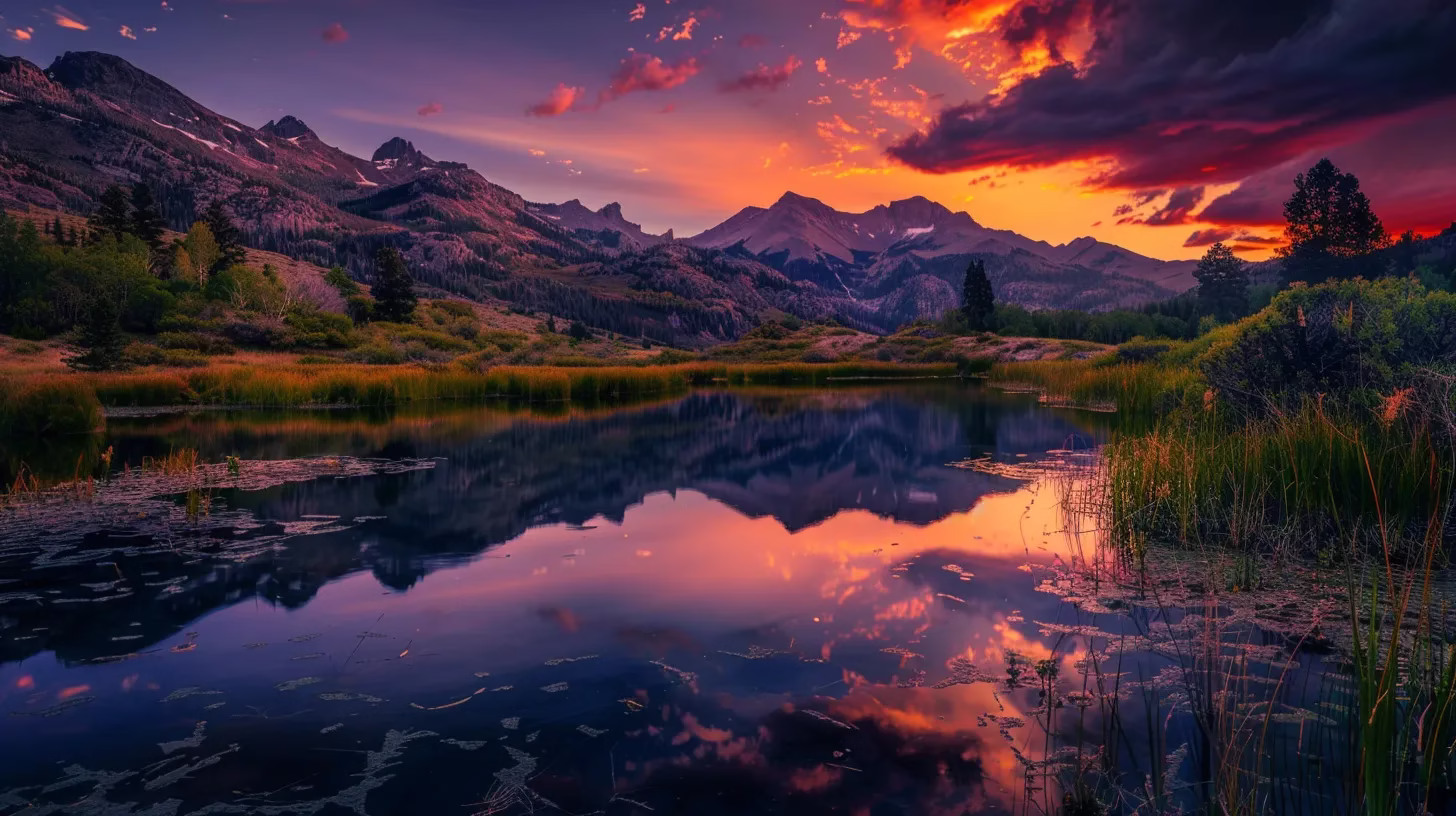 Exploring the Best Water Fountains Near Your Location 5 a vibrant sunset illuminates a tranquil lake, casting a warm glow on the surrounding mountains and reflecting the brilliant colors in the water.