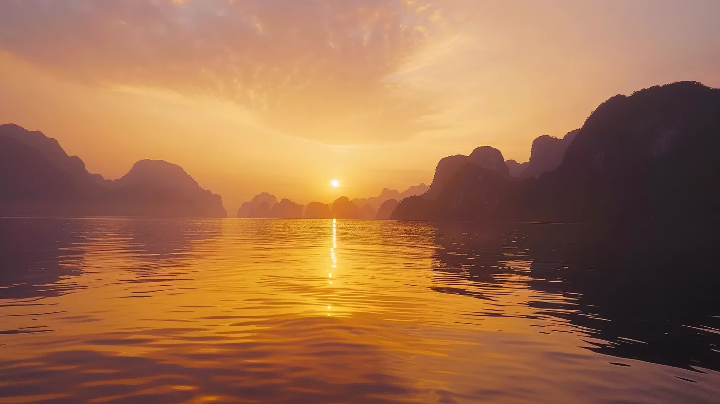 a vibrant sunset over a serene lakeside, with golden rays reflecting off the tranquil water and silhouettes of towering mountains in the background.