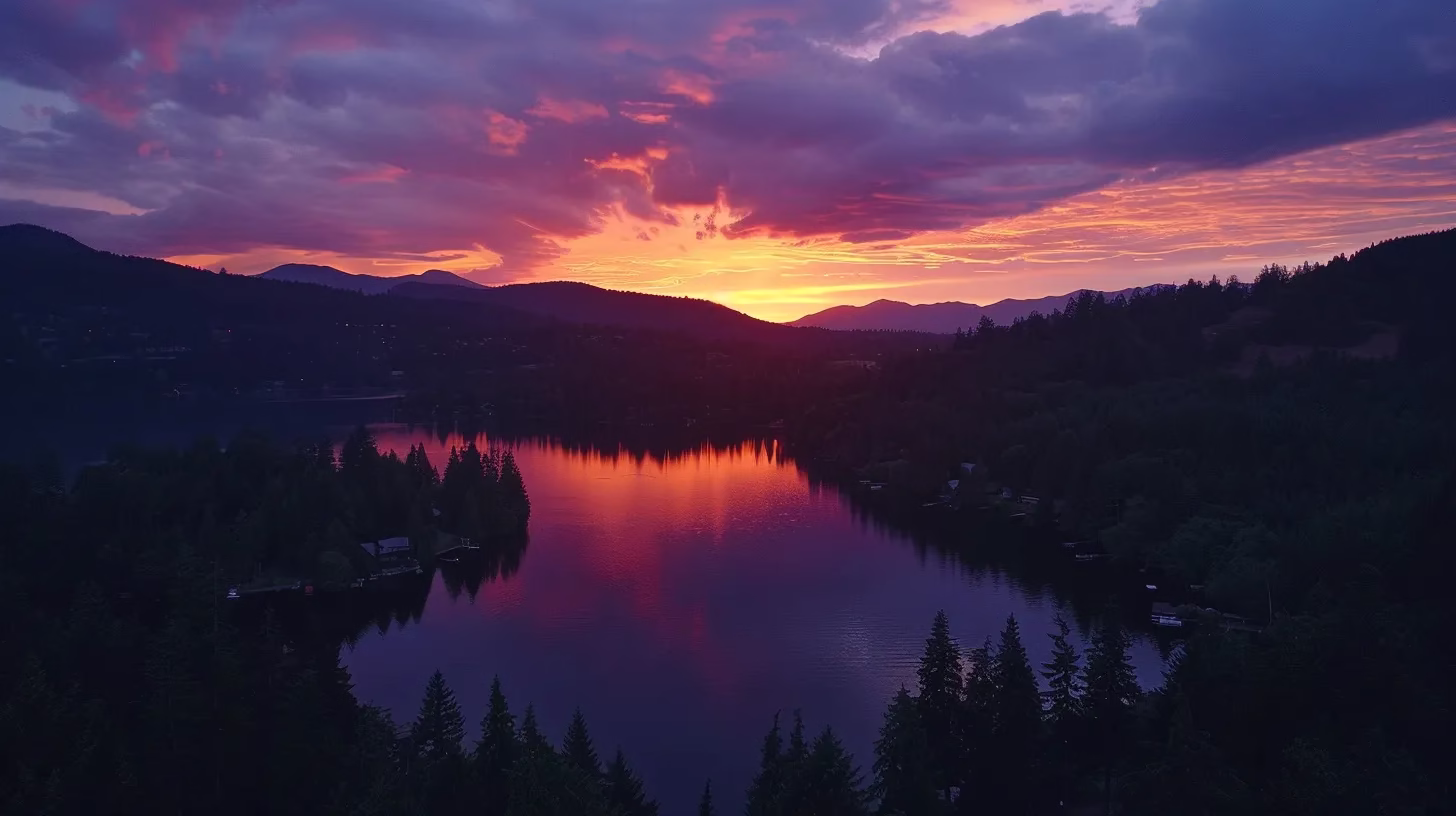 a vibrant sunset paints the sky in fiery oranges and deep purples, illuminating a tranquil lake surrounded by lush pine trees, creating a serene atmosphere of natural beauty.