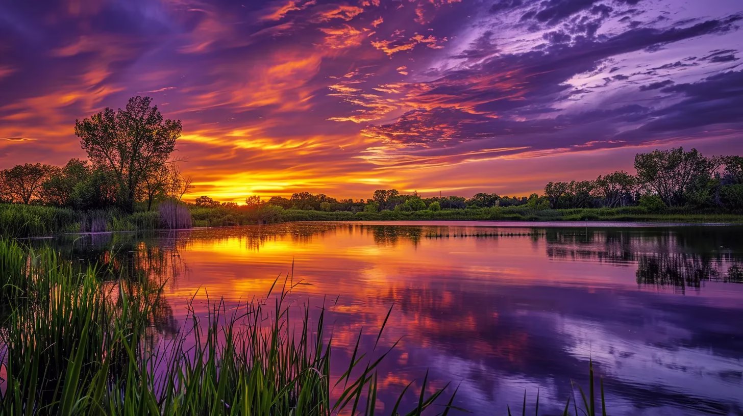 Enhance Your Yard With Beautiful Outdoor Waterfalls for Sale 3 a vibrant sunset paints the sky in fiery oranges and purples above a tranquil lake, mirroring the radiant hues and surrounding lush greenery, creating a serene and enchanting atmosphere.
