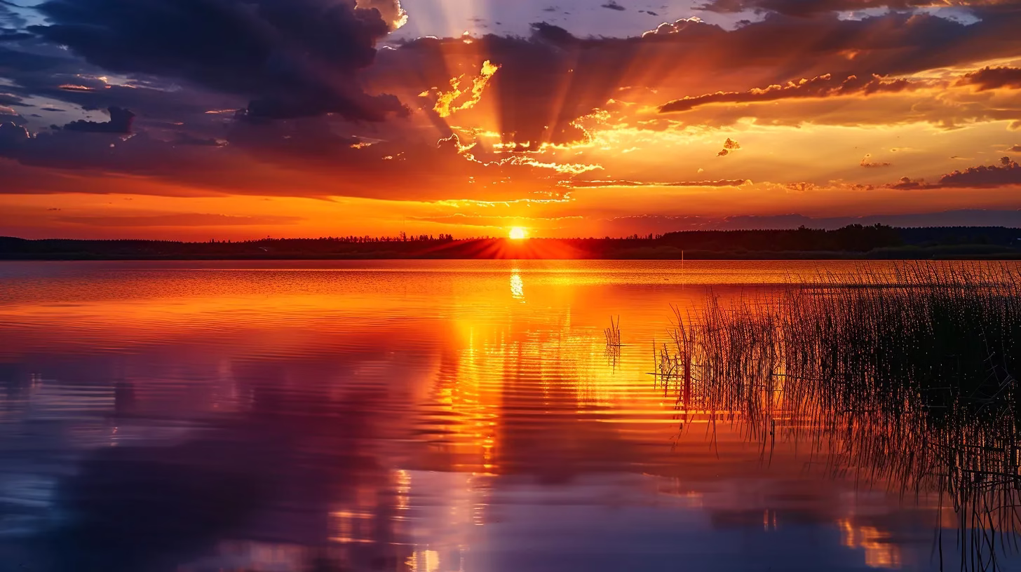 a vivid sunset casts golden rays over a tranquil lake, reflecting the vibrant hues of orange and purple sky, embodying a serene moment of nature's beauty.