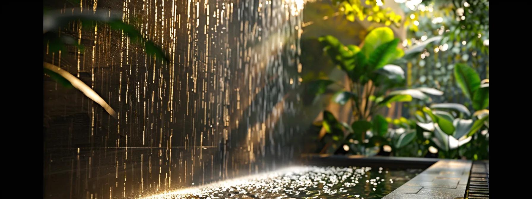 Stand Out Garden: Building a Water Wall Fountain Made Easy 5 Water wall fountain with cascading water droplets, surrounded by lush greenery and reflecting sunlight, enhancing the tranquil ambiance of a garden setting.