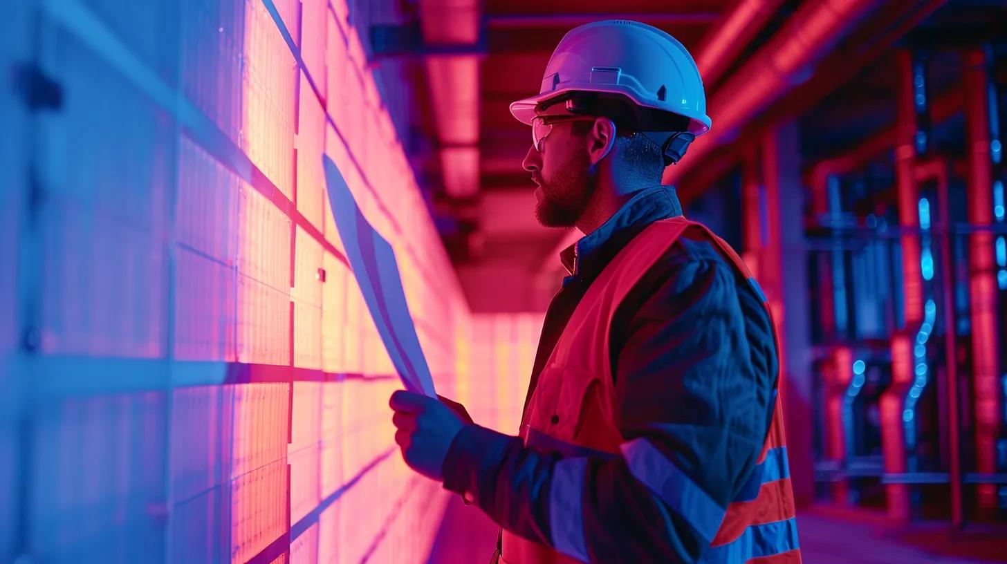 Identifying the Reasons Behind a Bubble on Wall 5 a well-organized construction site showcasing skilled professionals inspecting wall surfaces with infrared cameras and moisture meters, emphasizing proactive preventive measures against bubble formation in a modern, well-lit urban setting.