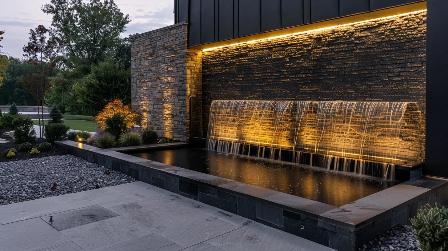 an elegant custom water feature elegantly cascades in a modern montoursville pa courtyard, framed by sleek stone walls and ambient led lighting that highlights the flowing water against a sophisticated outdoor backdrop.