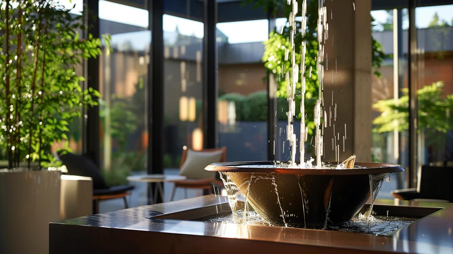 Transform Your Outdoors With a Decorative Waterfall Feature 5 an elegant tabletop fountain, featuring intricately designed miniature channels and a soothing waterfall, sits on a sleek modern desk in a bustling office environment, casting a serene ambiance amidst the dynamic energy of creative professionals.