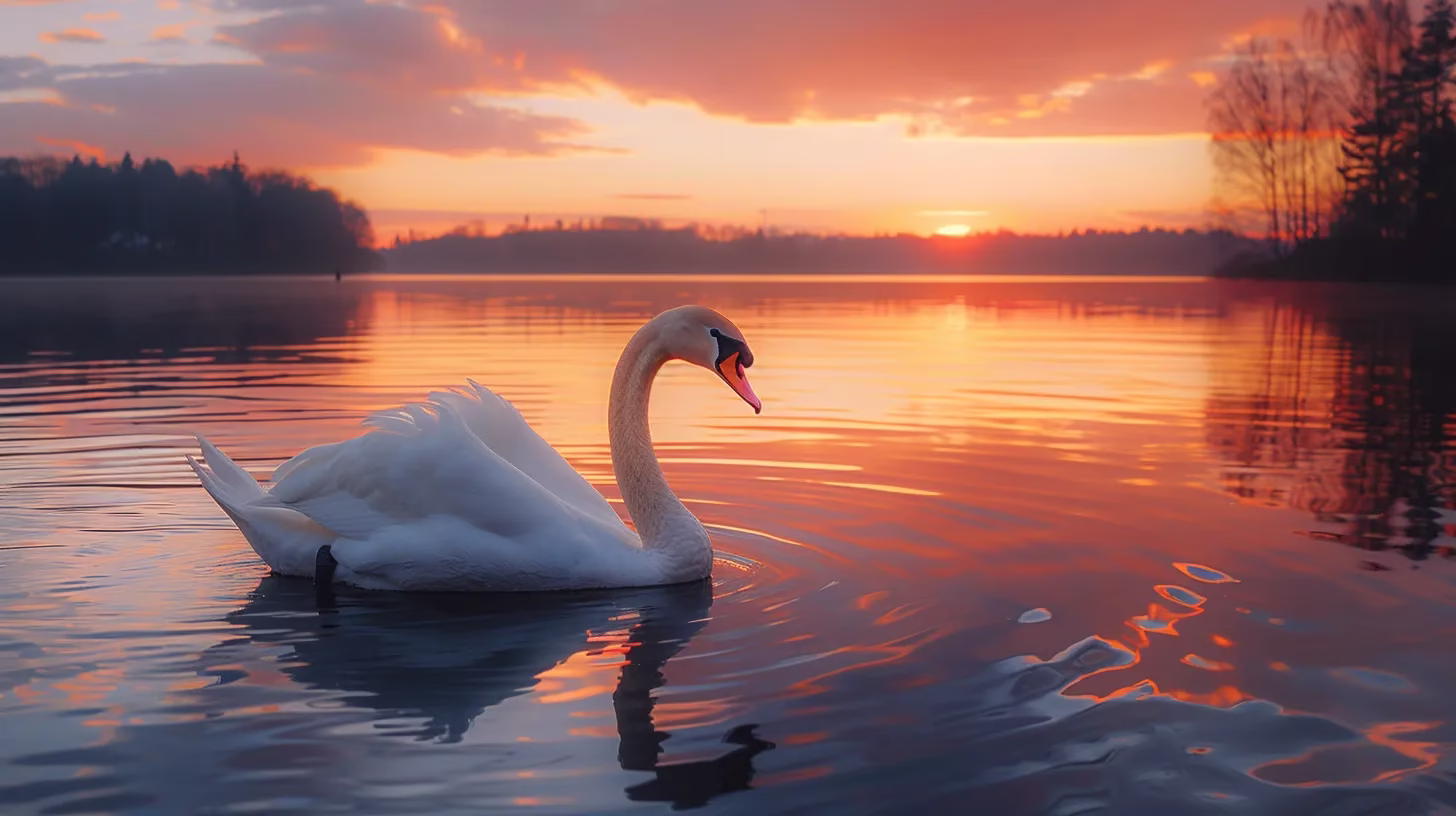an elegant white swan glides gracefully across a serene, shimmering lake at sunset, casting a soft reflection on the calm water as vibrant hues of orange and pink illuminate the evening sky.