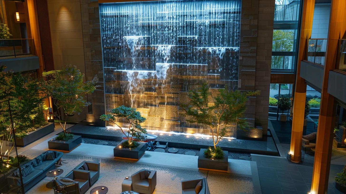 Transform Your Outdoors With a Decorative Waterfall Feature 10 an elegantly designed indoor water wall, featuring sleek glass panels and illuminated stone accents, transforms a modern hotel lobby into a serene oasis of tranquility and sophistication.