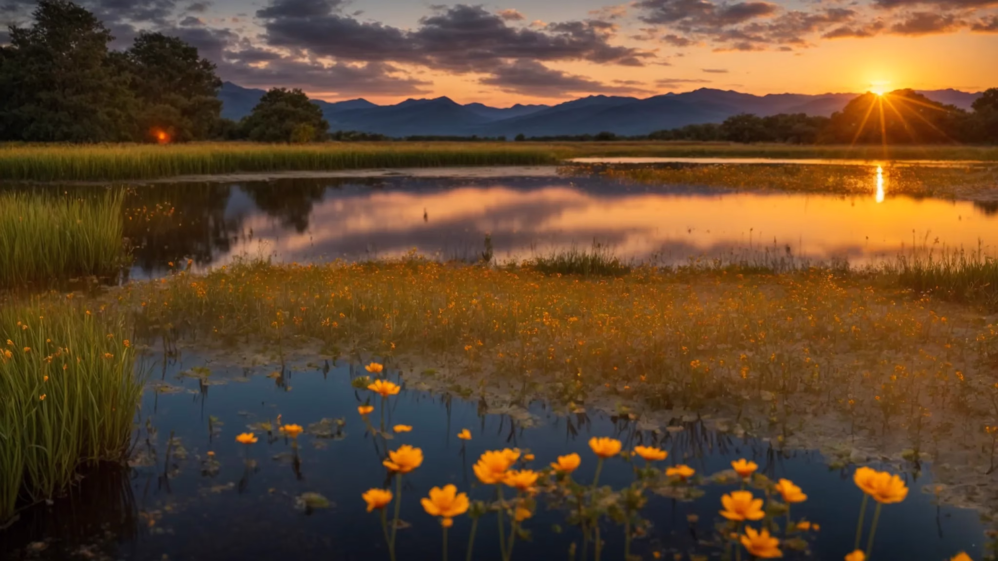 Experience Serenity With Fountain Tall Water Displays 4 a breathtaking sunset casts a warm golden glow over a tranquil lake, where vibrant wildflowers frame the serene waters, reflecting the rich hues of the sky.