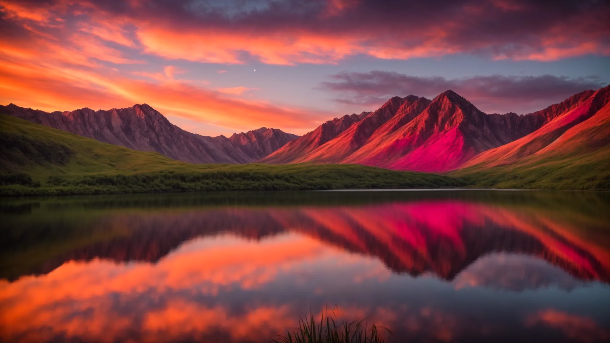Transform Your Space With a Fountain Screen Design 2 a breathtaking sunset casts vibrant hues of orange and pink across the sky, illuminating a serene lake surrounded by lush, green mountains.