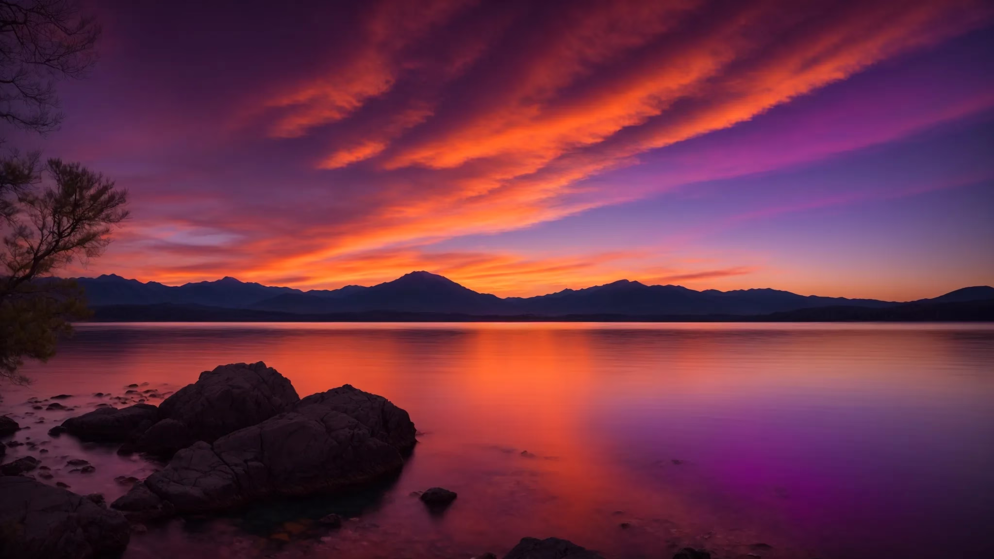 Transform Your Space With a Fountain Screen Design 5 a breathtaking sunset casts vibrant hues of orange and purple over a tranquil lake, where the silhouettes of majestic mountains frame the horizon in a serene embrace.
