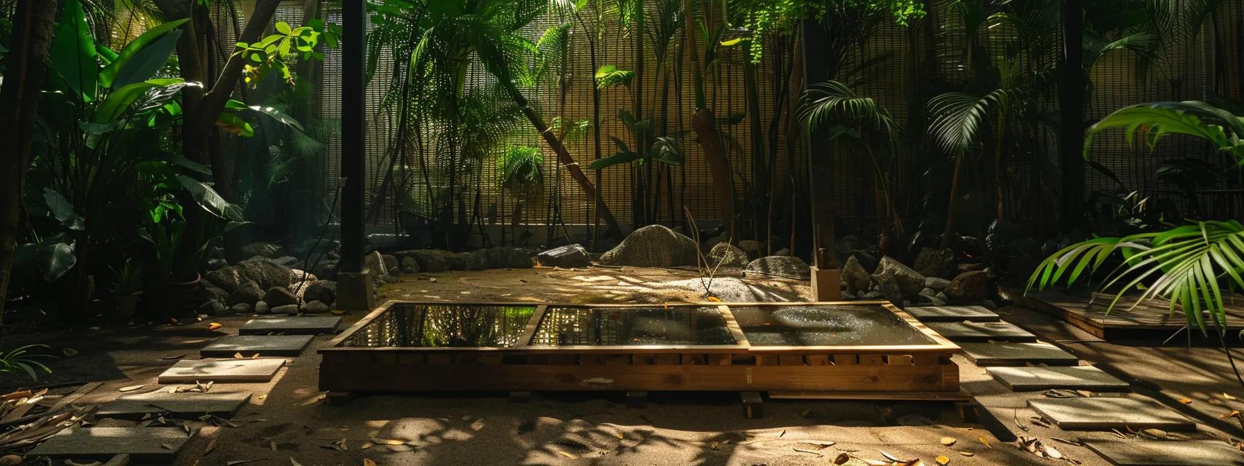 Stand Out Garden: Building a Water Wall Fountain Made Easy 4 Wooden base for a water wall fountain installation surrounded by lush greenery, rocks, and a sandy pathway, emphasizing the foundation's importance in garden aesthetics.