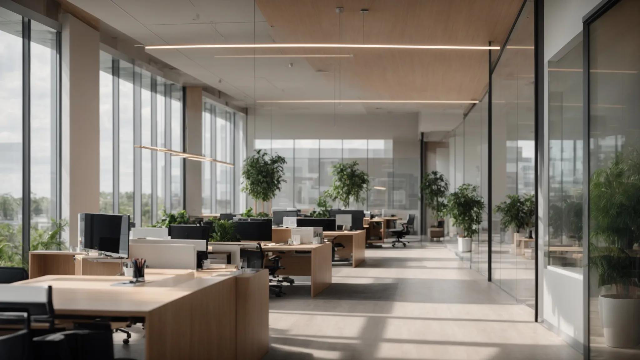 Enhance Your Space With Beautiful Glass Panel Ideas 1 a contemporary office interior showcases sleek glass panel designs that seamlessly divide the workspace, allowing for a vibrant flow of natural light while enhancing modern aesthetics and productivity.