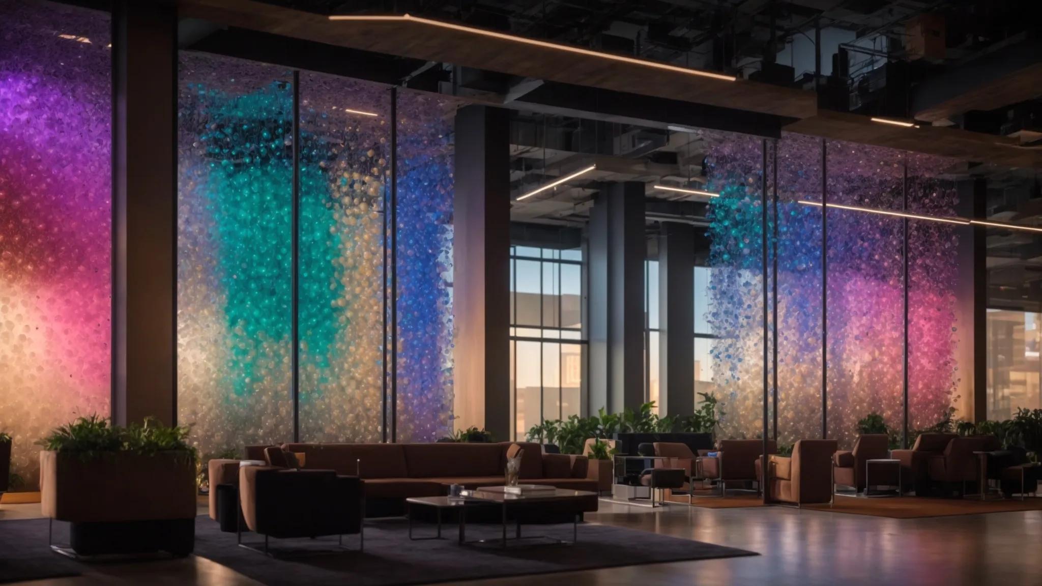 a dazzling indoor installation features an illuminated led water bubble wall, radiating vibrant colors and creating a mesmerizing focal point in a modern urban office space.