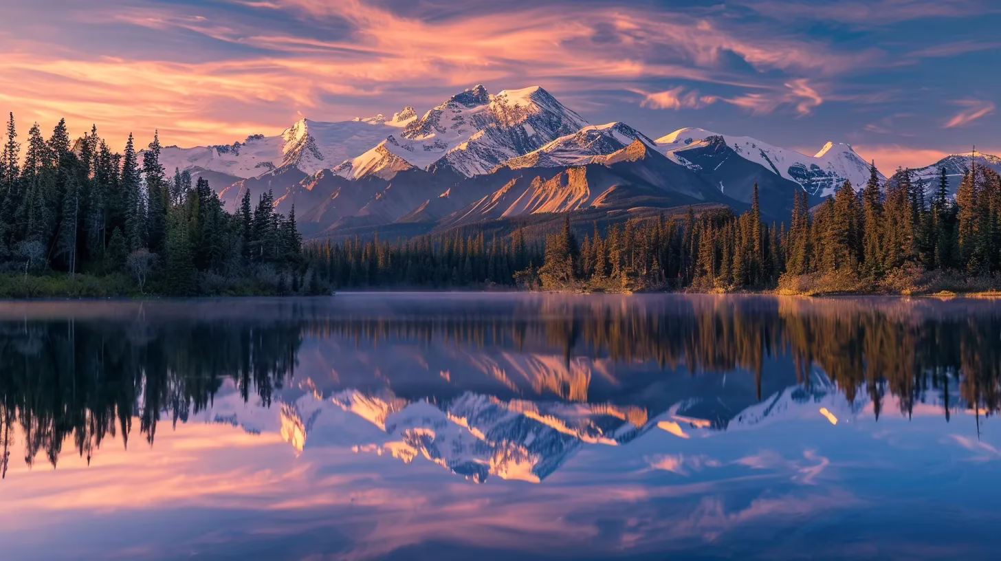 a majestic mountain landscape at dawn, with the sun casting a golden hue over the snow-capped peaks, surrounded by a serene lake reflecting the vibrant colors of the sky.