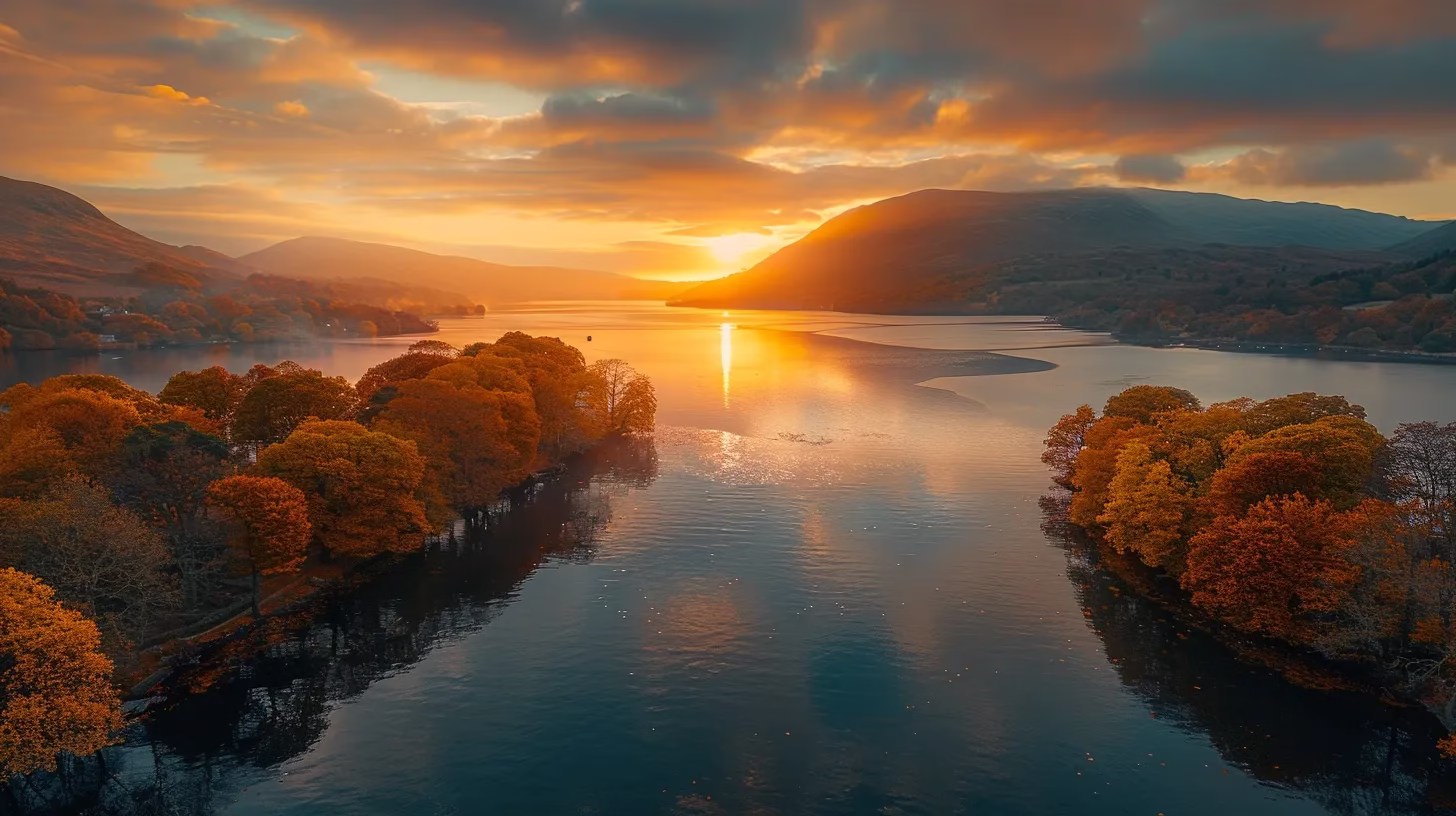 a majestic sunrise casts golden light over a tranquil lake, surrounded by vibrant autumn foliage that reflects vividly on the water's surface.
