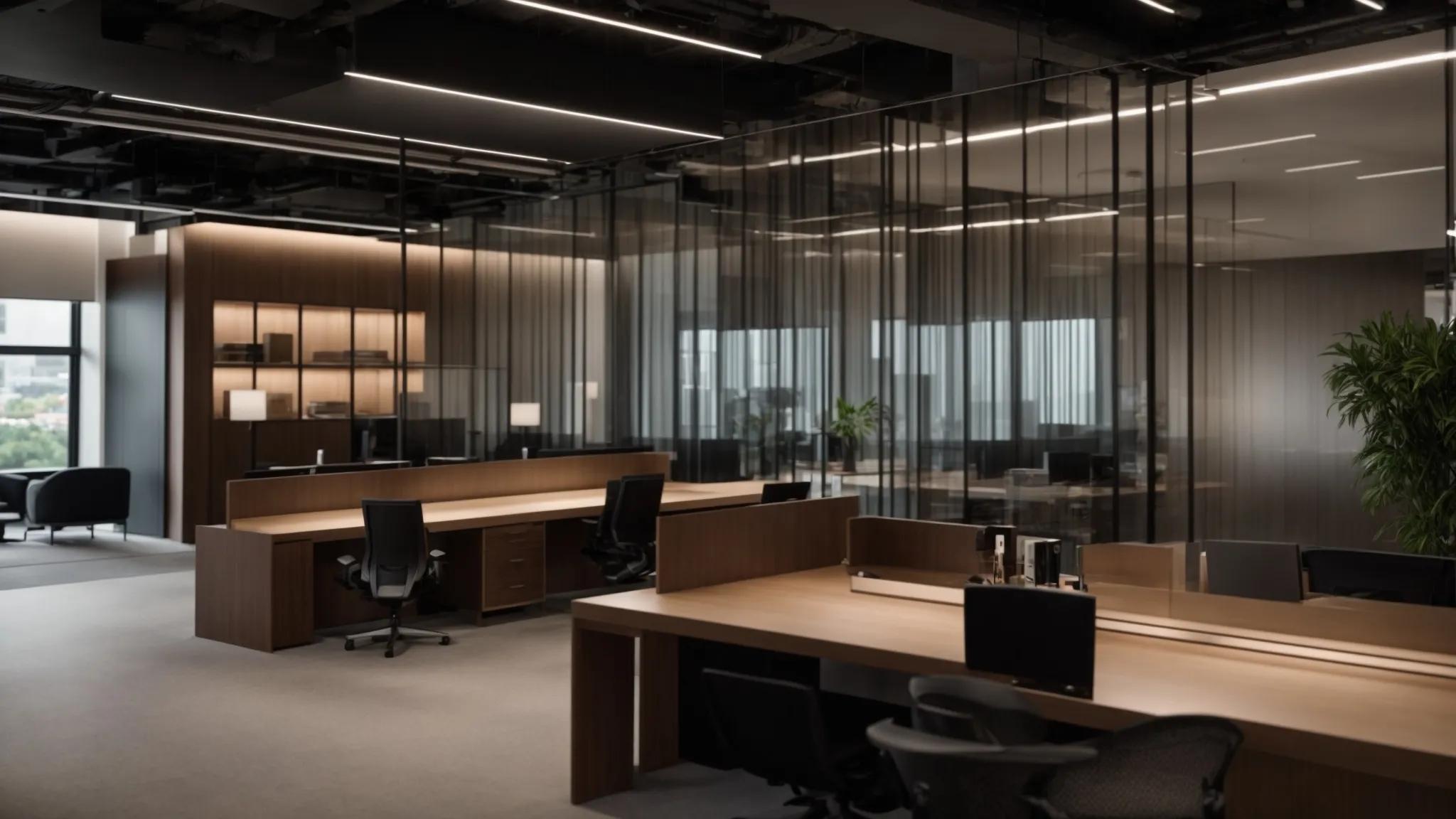 a modern office interior features sleek glass panel designs that elegantly partition the workspace, reflecting ambient light and creating an open, sophisticated atmosphere.