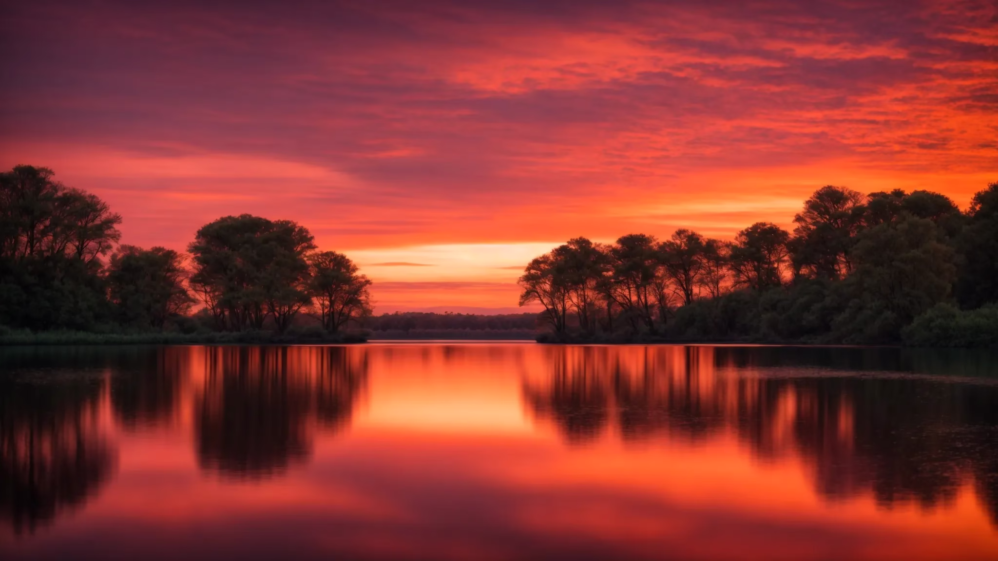Transform Your Space With a Fountain Screen Design 1 a serene sunset casts vibrant hues of orange and pink across a tranquil lake, reflecting the brilliant colors on the glassy surface while silhouetted trees frame the horizon, evoking a sense of peace and natural beauty.