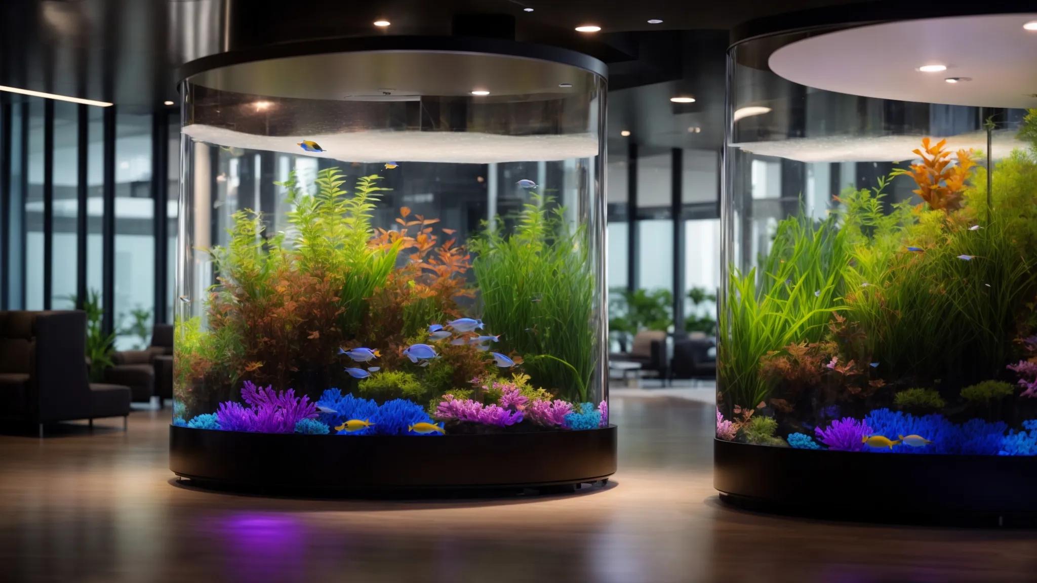 a sleek, modern bubble wall fish tank stands as a focal point in a stylish, contemporary office lobby, with vibrant fish swimming gracefully among shimmering bubbles and colorful aquatic plants illuminated by soft, ambient lighting.