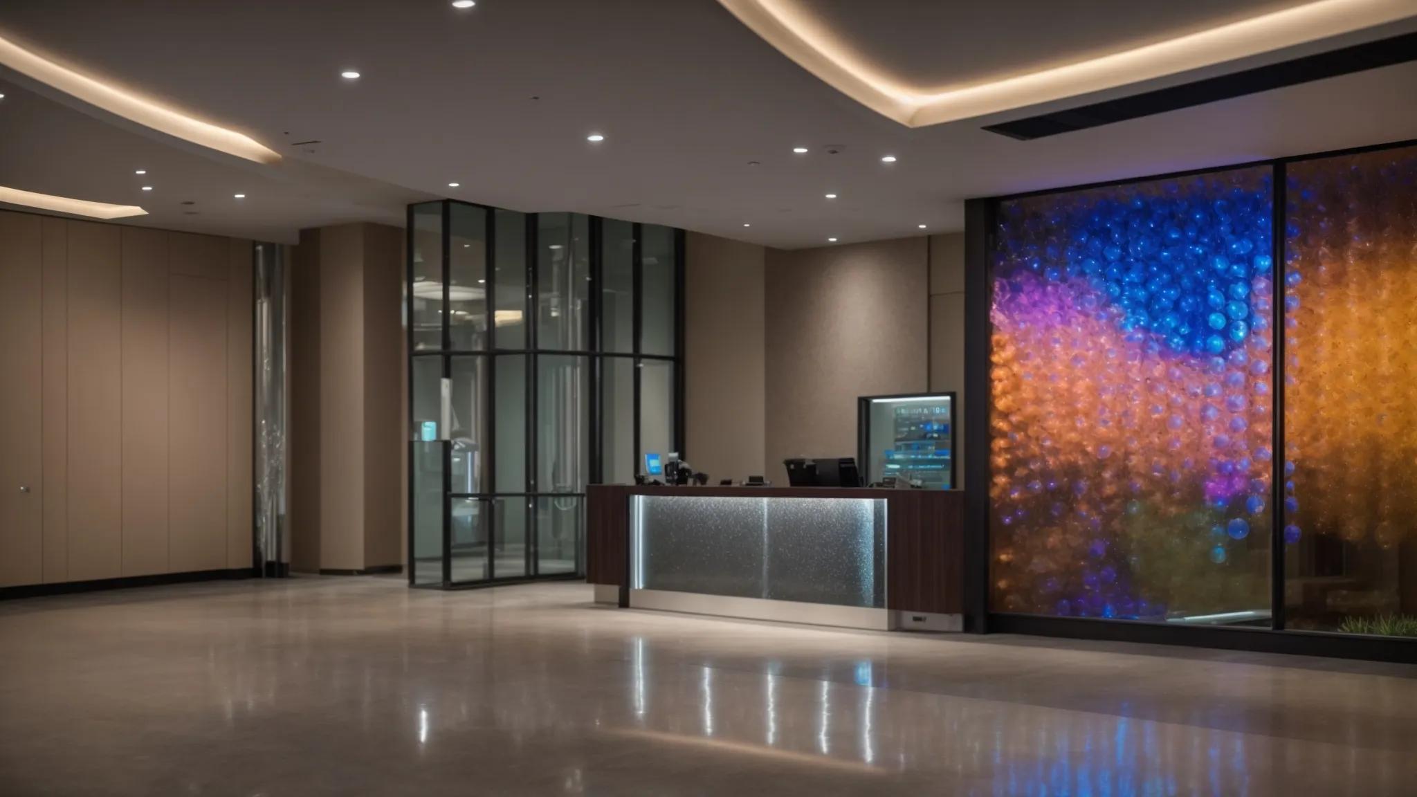 Bubble Wall Panel Ideas for Modern Interiors 3 a sleek, modern lobby features an impressive bubble wall panel illuminated by vibrant led lights, with a focused technician inspecting the water quality and pump components, emphasizing the importance of maintenance for optimal performance and aesthetic appeal.