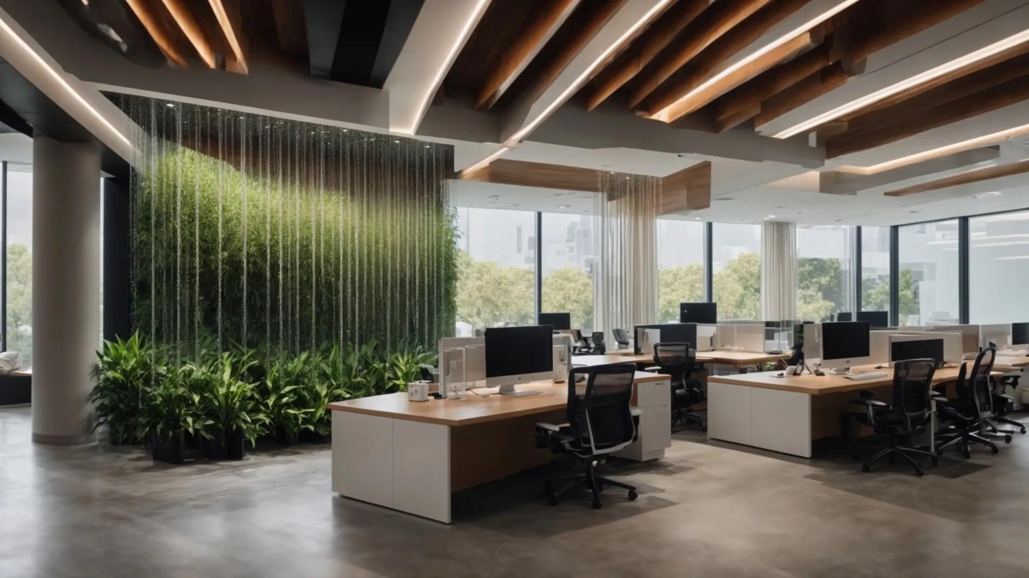 Transform Your Outdoors With a Decorative Waterfall Feature 7 a sleek, modern office environment features a stunning customizable decorative waterfall installation, beautifully illuminated with adjustable lighting, showcasing a variety of materials and water flow patterns that enhance the space's sophistication and appeal.