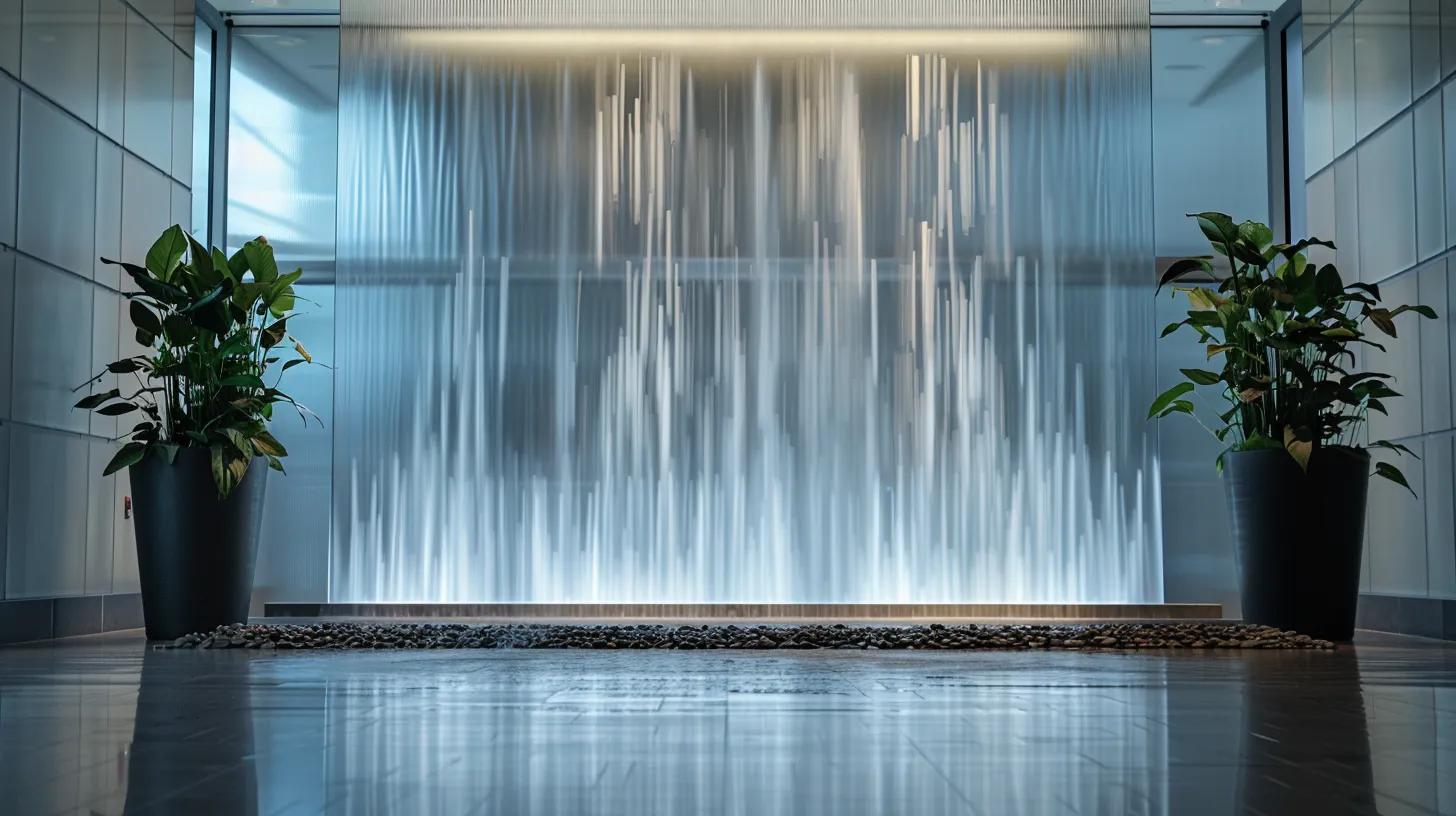 a sleek, modern office interior features a striking indoor water wall cascading gently, reflecting ambient lighting and creating a tranquil atmosphere that enhances the workspace's ambiance.