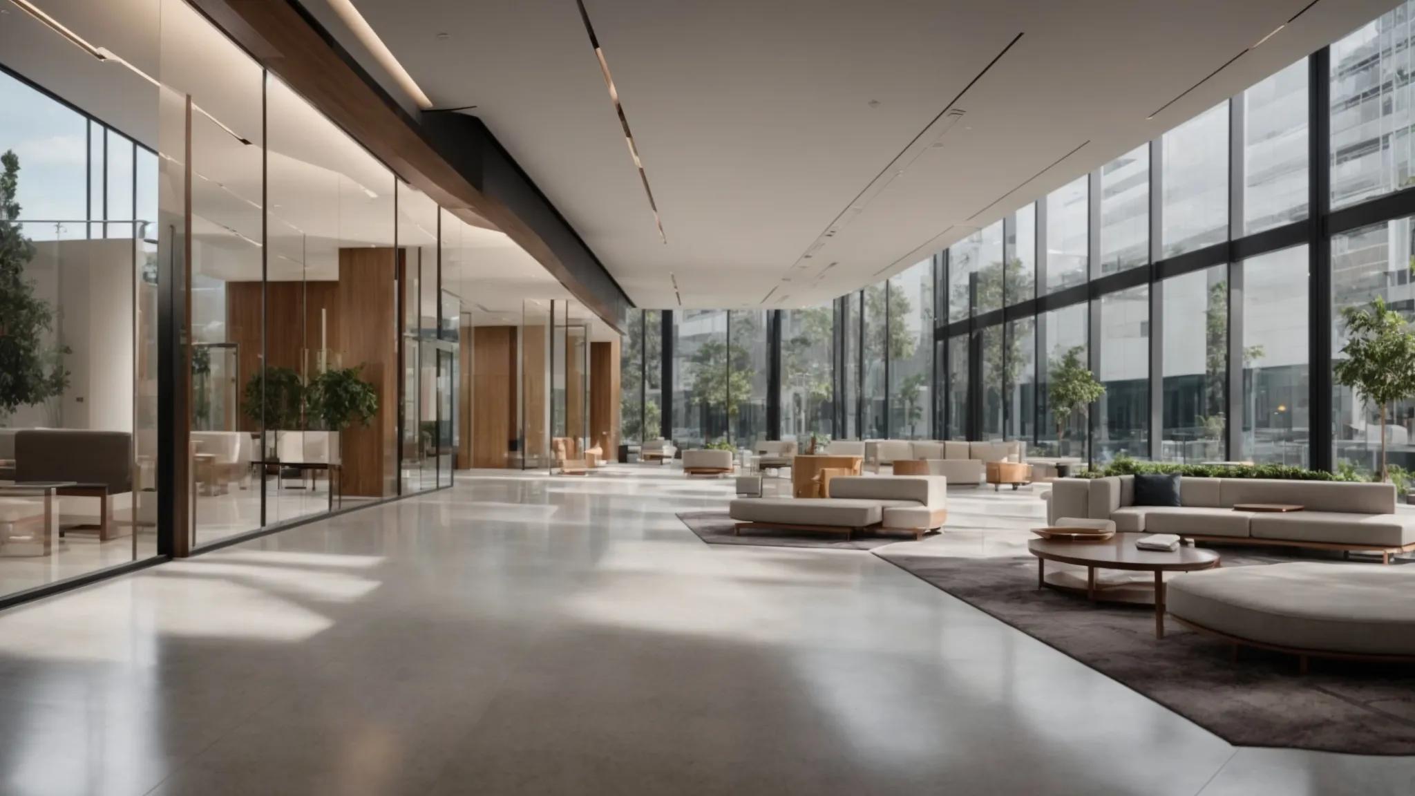 Enhance Your Space With Beautiful Glass Panel Ideas 6 a sleek, modern office lobby showcases striking glass panel designs that seamlessly connect the interior and exterior, creating an elegant and cohesive aesthetic that exemplifies contemporary architectural beauty.