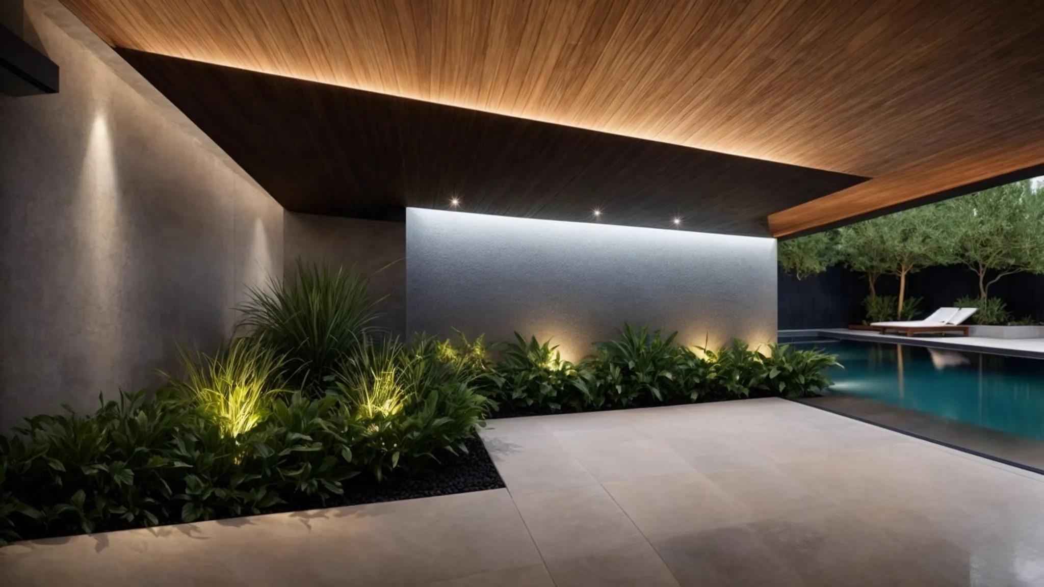 Sleek modern outdoor water wall integrated with lush greenery and ambient lighting, enhancing landscape design and aesthetic appeal.