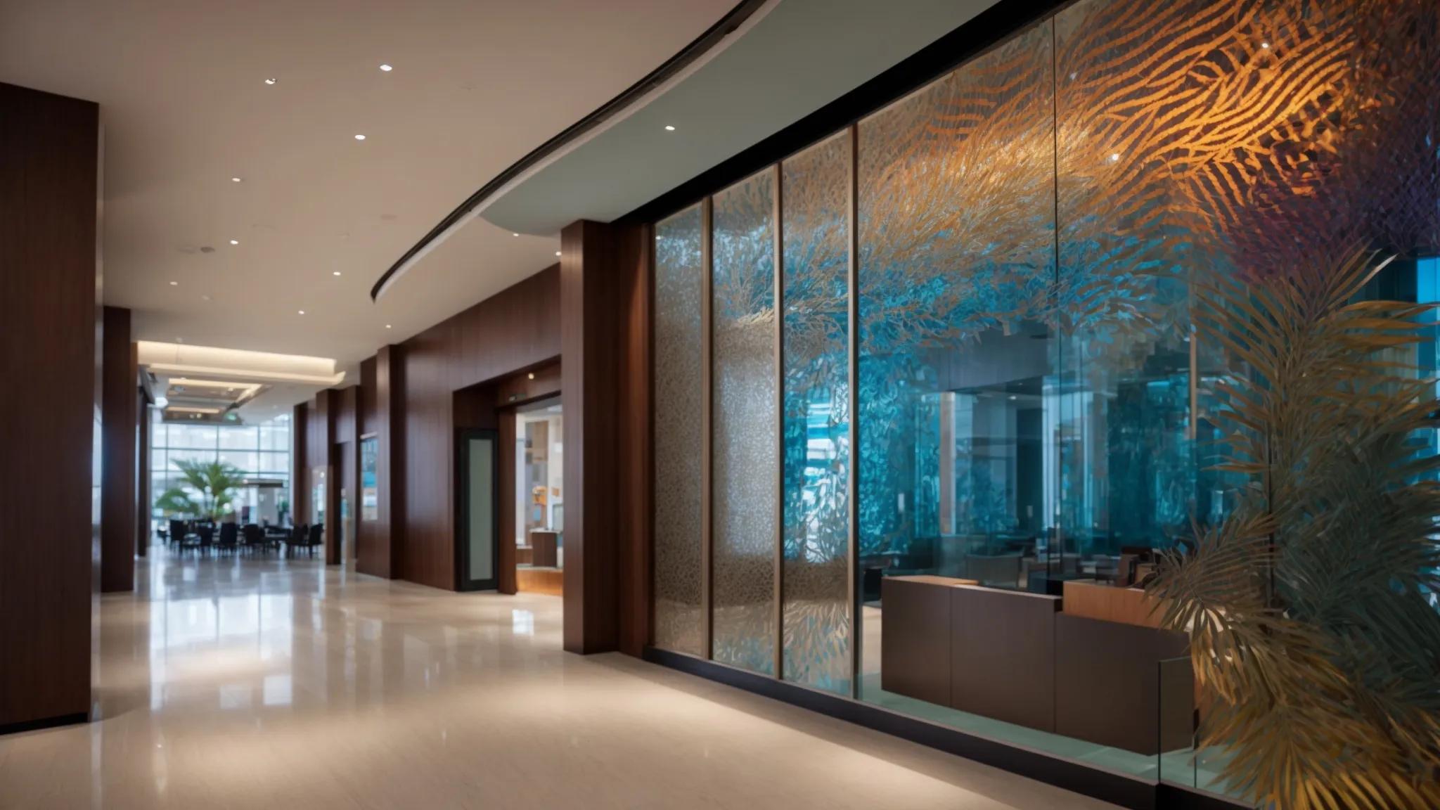 Enhance Your Space With Beautiful Glass Panel Ideas 5 a striking urban lobby showcases an impressive custom glass panel installation, featuring intricate etched designs and vibrant colored overlays, seamlessly blending with modern architectural elements and creating a captivating focal point for visitors.