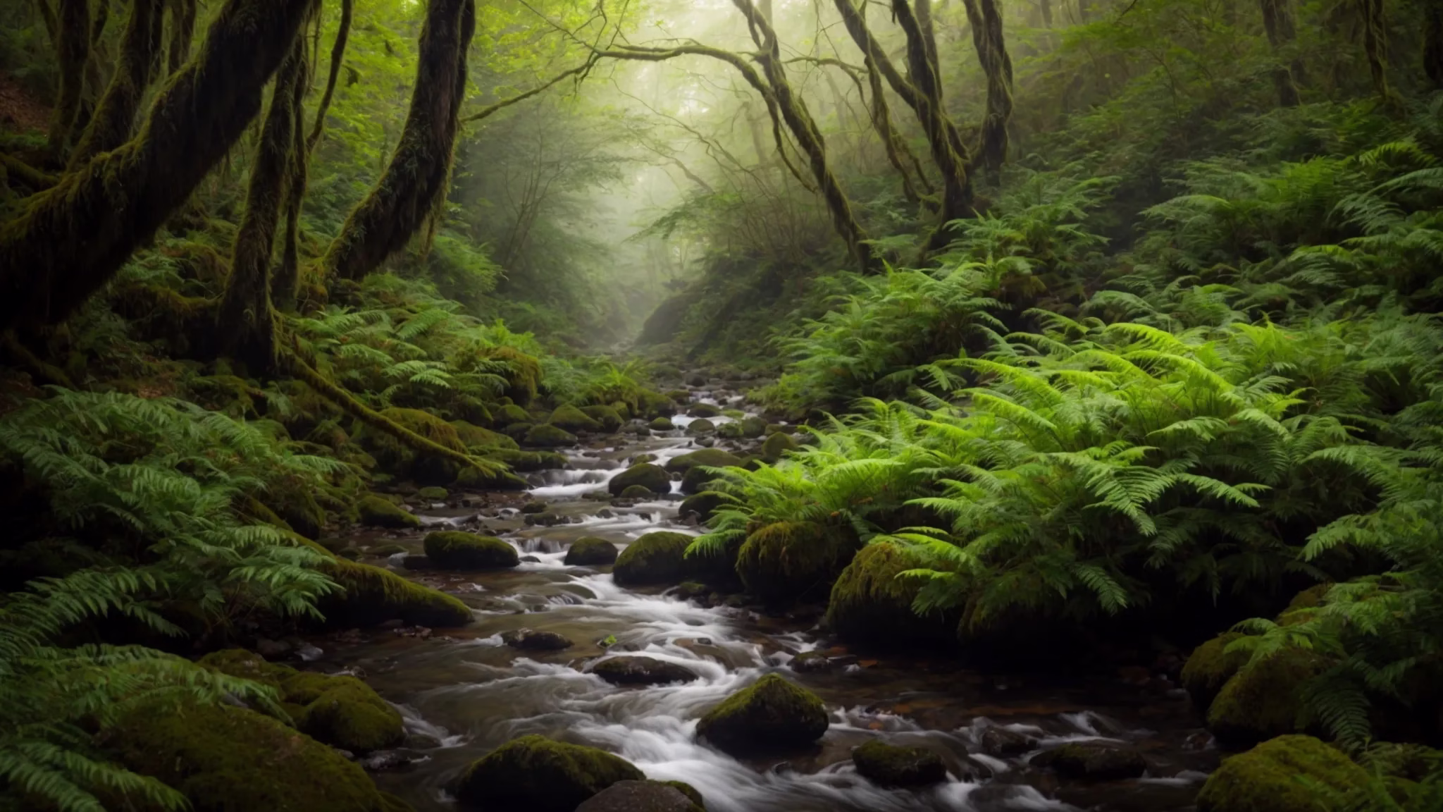 Enhance Your Yard With Beautiful Outdoor Waterfalls for Sale 6 a tranquil, mist-covered forest at dawn, where sunlight filters through the dense canopy, illuminating vibrant green ferns and mossy stones along a winding, softly flowing brook.