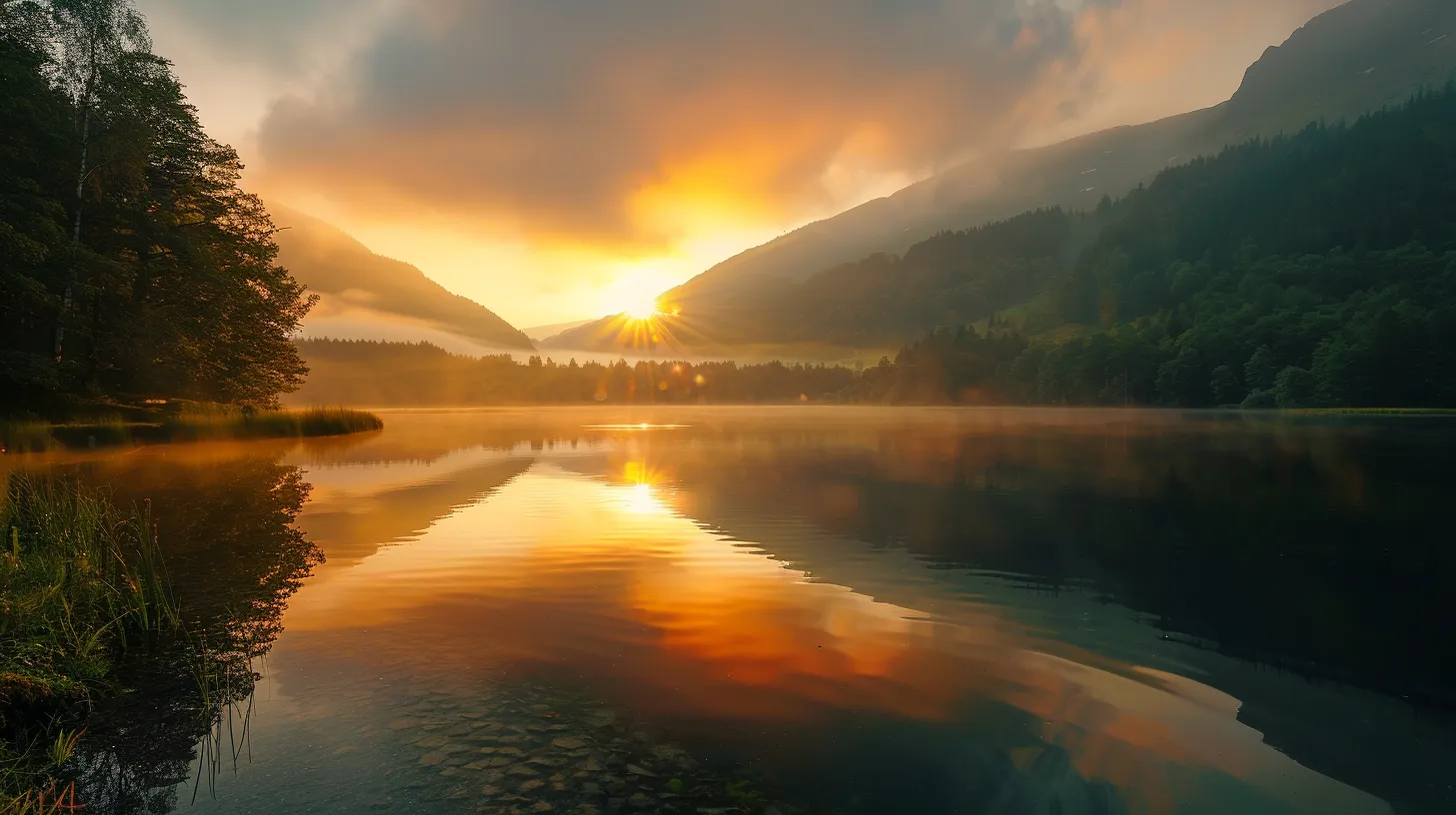 a vibrant, golden sunrise casts a warm glow over a tranquil lake, reflecting the surrounding misty mountains and lush greenery.