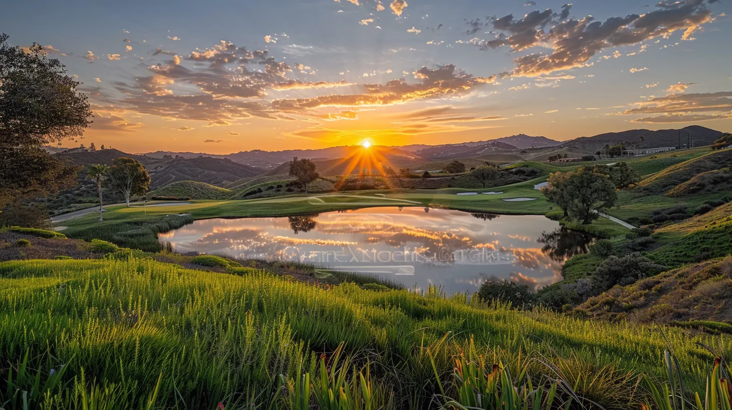 Transform Your Space With Exterior Water Features 3 a vibrant golden sunset illuminates a serene landscape of rolling hills, where lush green grass meets a tranquil lake reflecting the fiery sky, evoking a sense of peace and beauty.