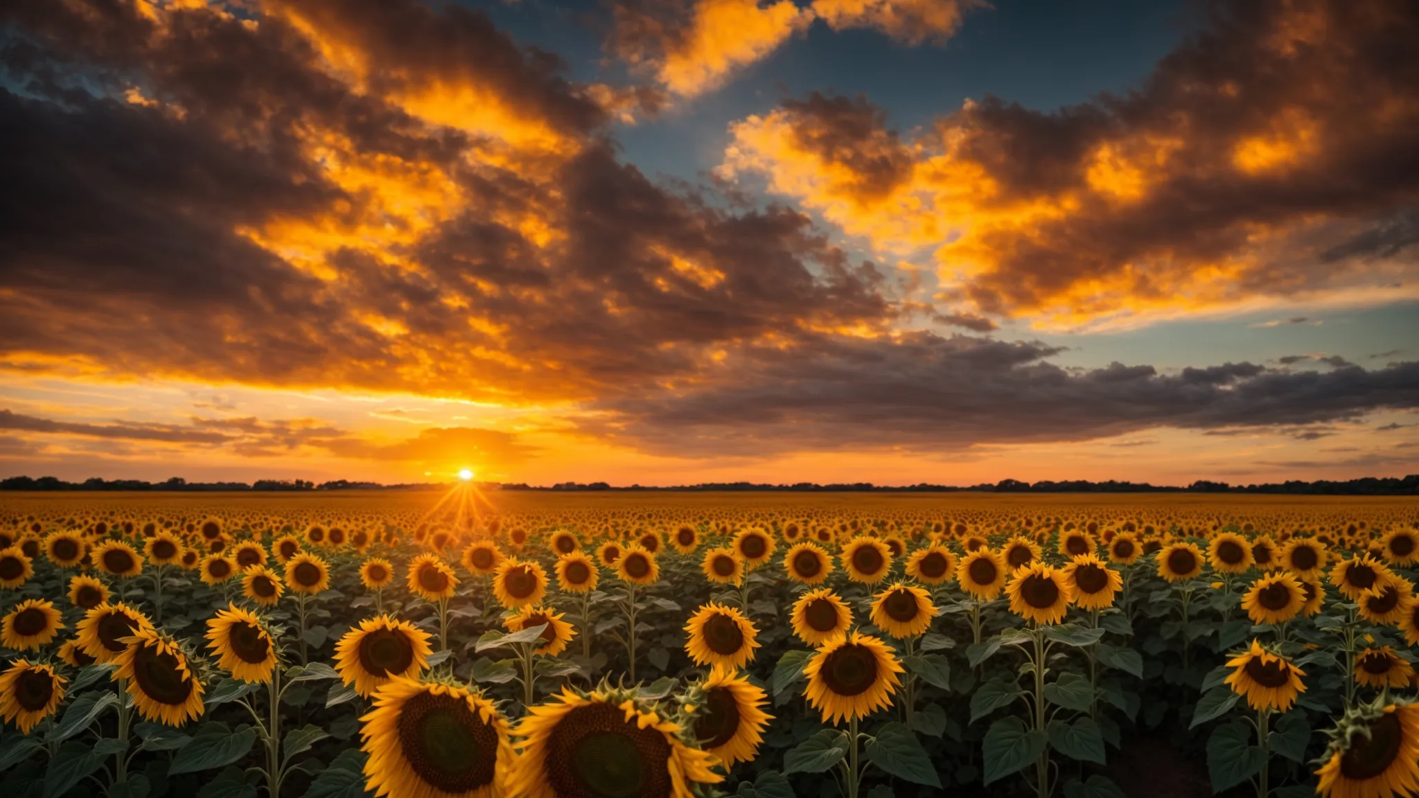 a vibrant sunflower field under a radiant sunset, with golden blooms stretching towards the brilliant sky, creating a striking contrast of colors.
