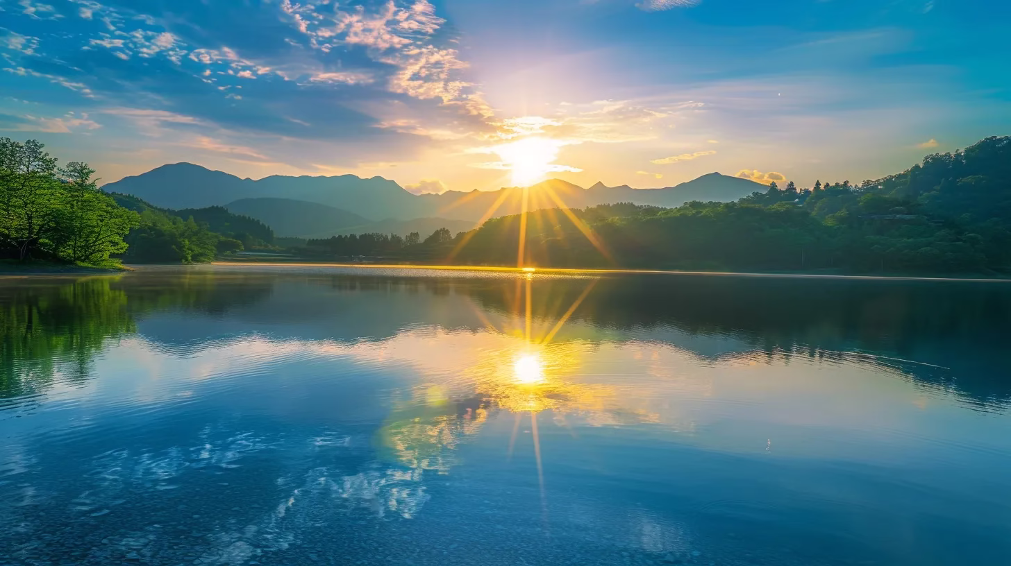 a vibrant sunrise casts golden rays over a serene lake, surrounded by lush green mountains, reflecting a flawless blue sky.