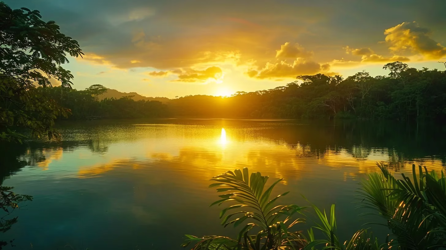 a vibrant sunset casts a golden glow over a tranquil lake, reflecting the fiery colors of the sky and surrounded by lush, emerald foliage.
