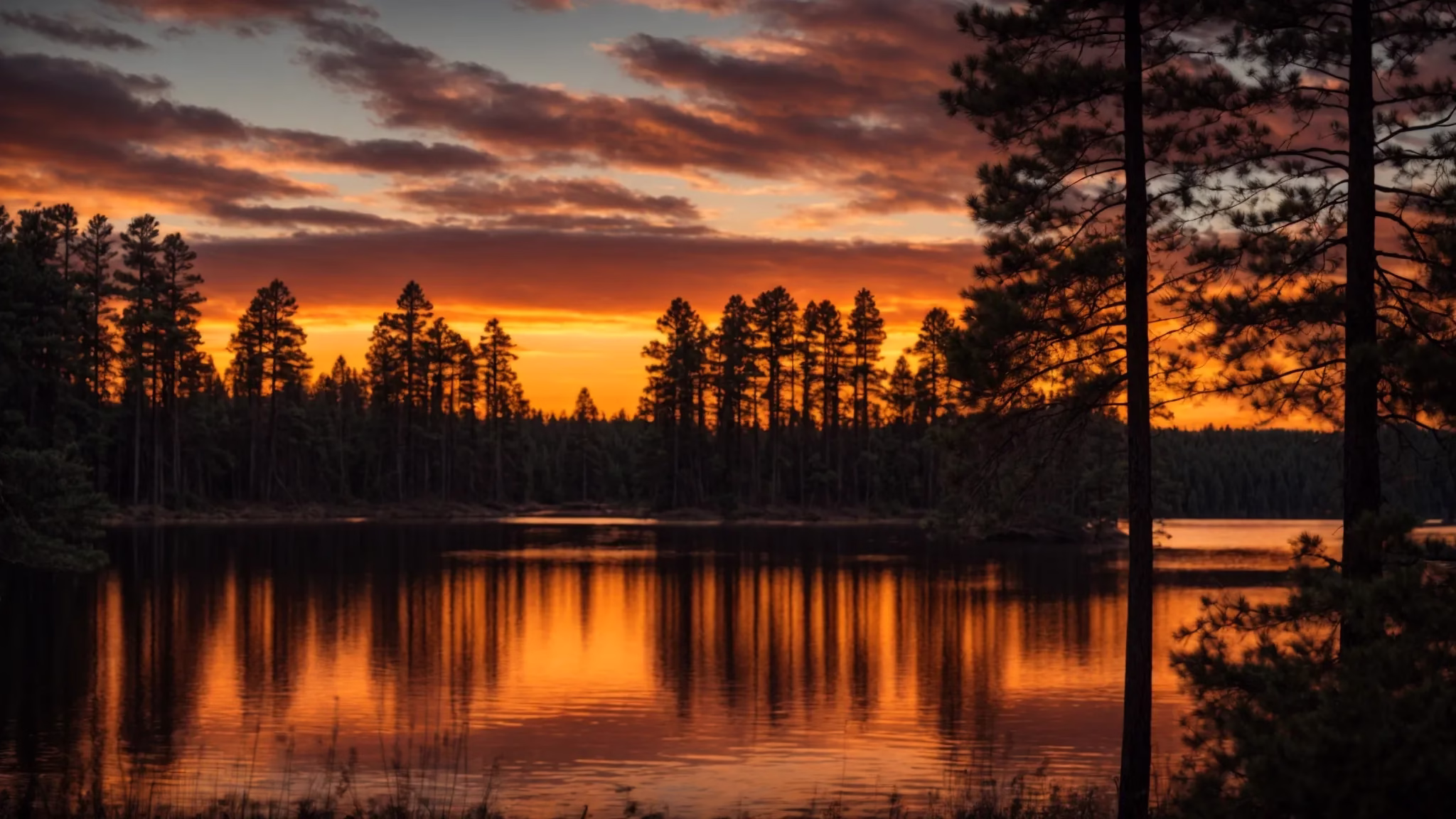 Create Stunning Custom Outdoor Spaces for Your Home 5 a vibrant sunset casts a golden glow over a tranquil lake, reflecting the fiery hues of the sky amidst silhouettes of tall pine trees lining the shore.