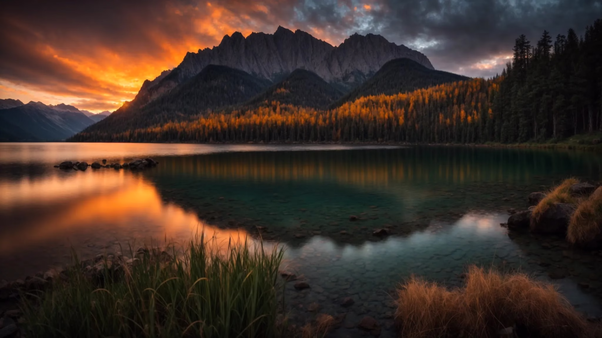 Create Stunning Custom Outdoor Spaces for Your Home 4 a vibrant sunset casts a warm glow over a serene lake, reflecting the dramatic silhouettes of towering mountains and lush, emerald forests.