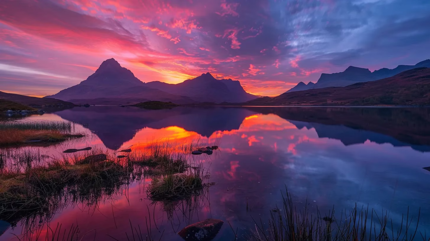 a vibrant sunset casts an enchanting glow over a serene lake, with silhouetted mountains reflecting perfectly on the calm water's surface.