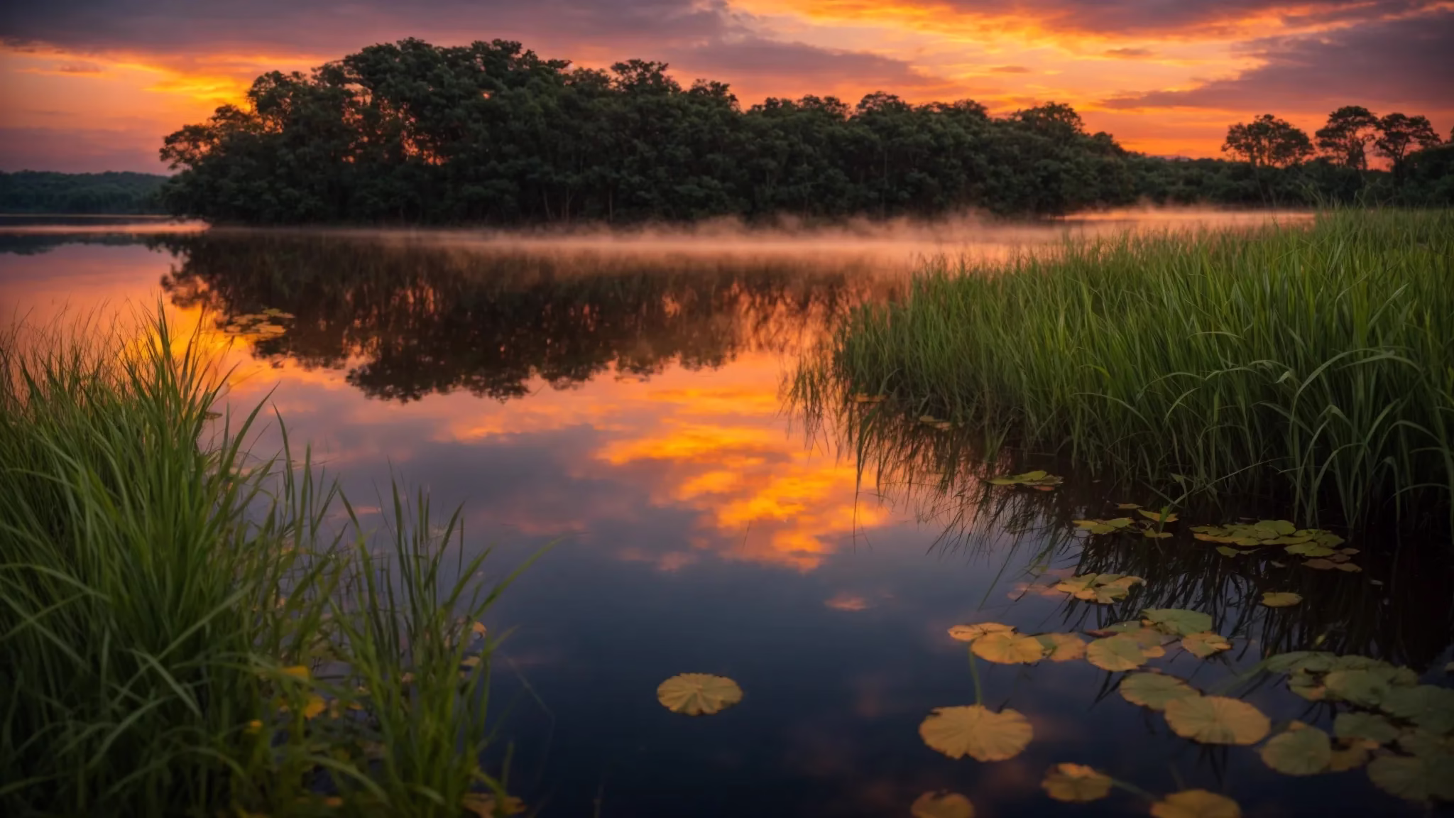 a vibrant sunset casts golden hues over a serene lake, its glassy surface reflecting the fiery sky and surrounding lush greenery, creating a tranquil and visually striking landscape.