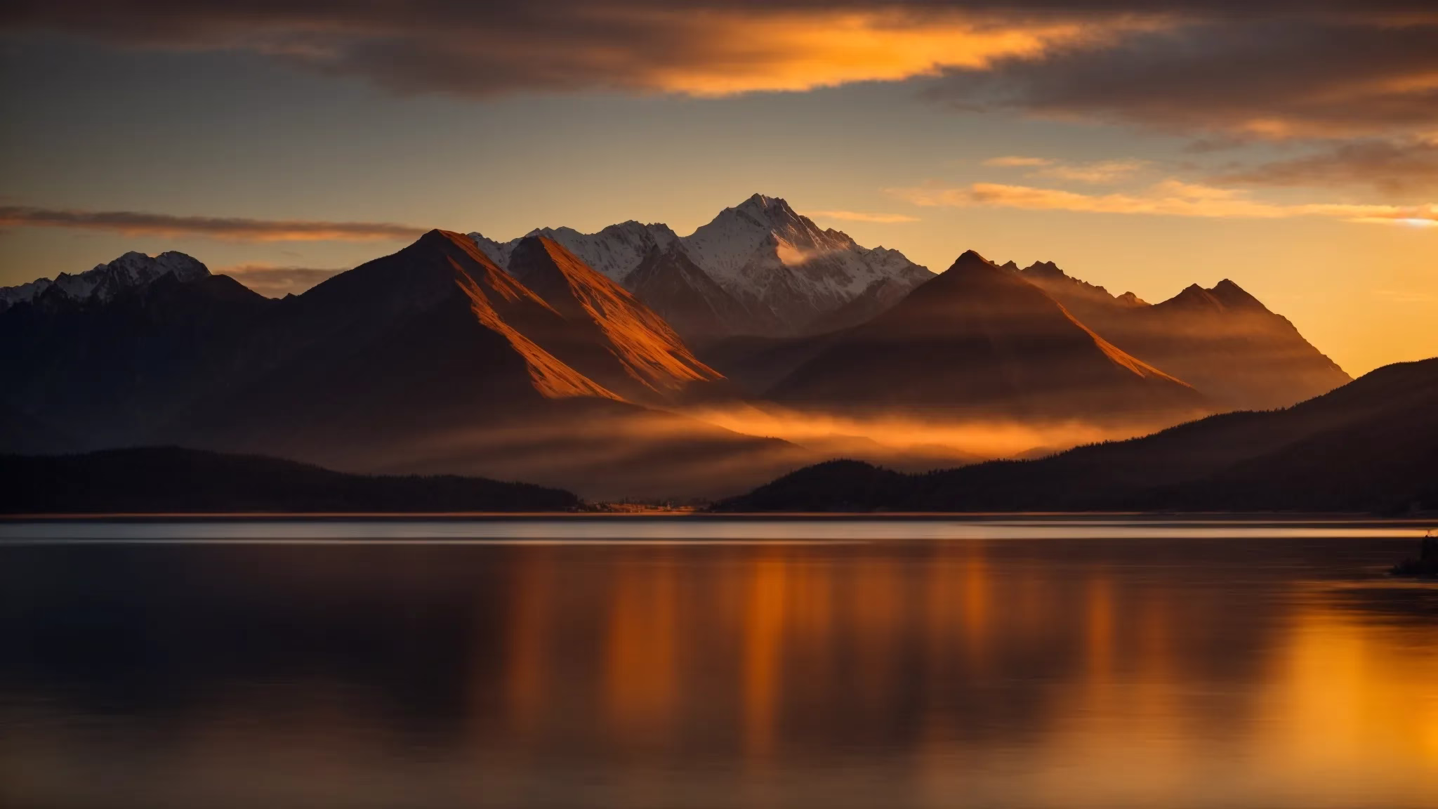 Create Stunning Custom Outdoor Spaces for Your Home 2 a vibrant sunset casts golden hues over a serene lake, with silhouetted mountains framing the horizon and reflecting shimmering light on the water's surface.
