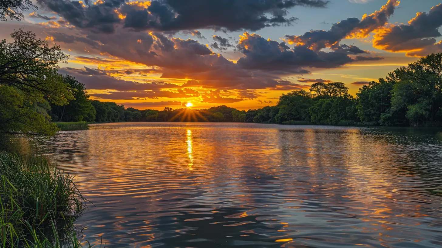 a vibrant sunset casts golden rays over a tranquil lake, reflecting the colorful sky and surrounded by lush greenery, evoking a sense of peace and serenity.