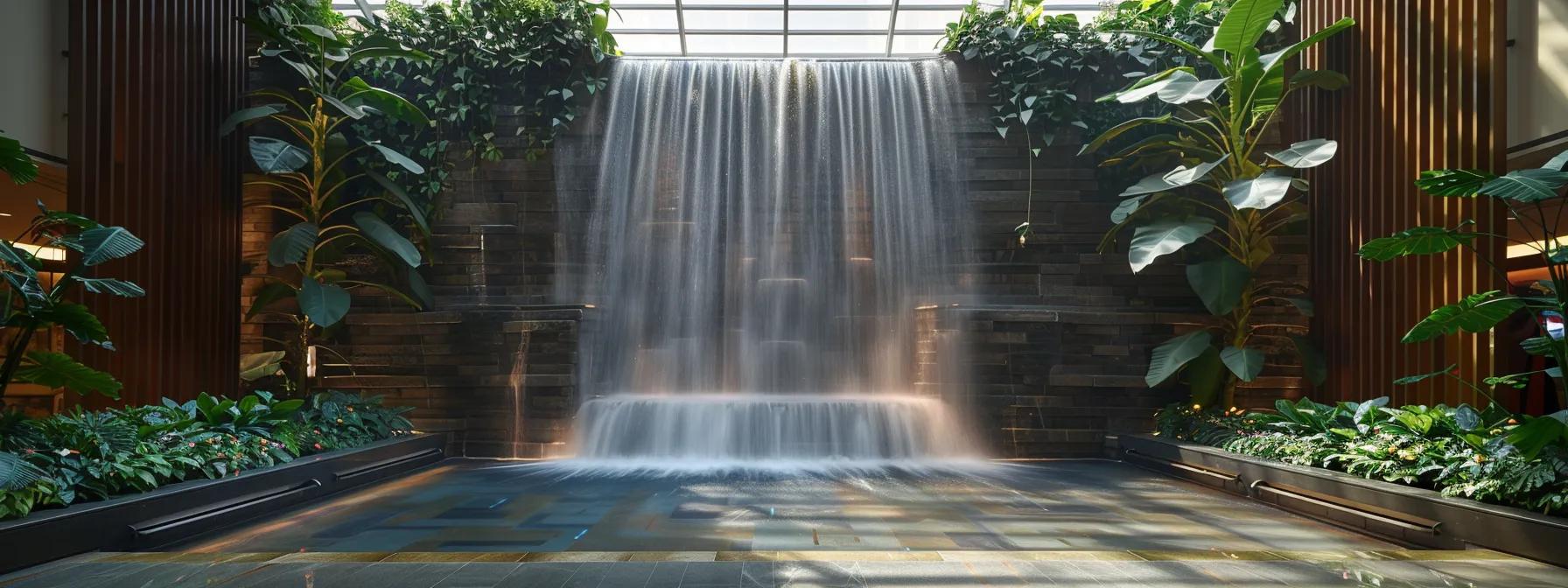 a breathtaking indoor waterfall cascading down a stunning feature wall, blending the tranquility of nature with contemporary design.