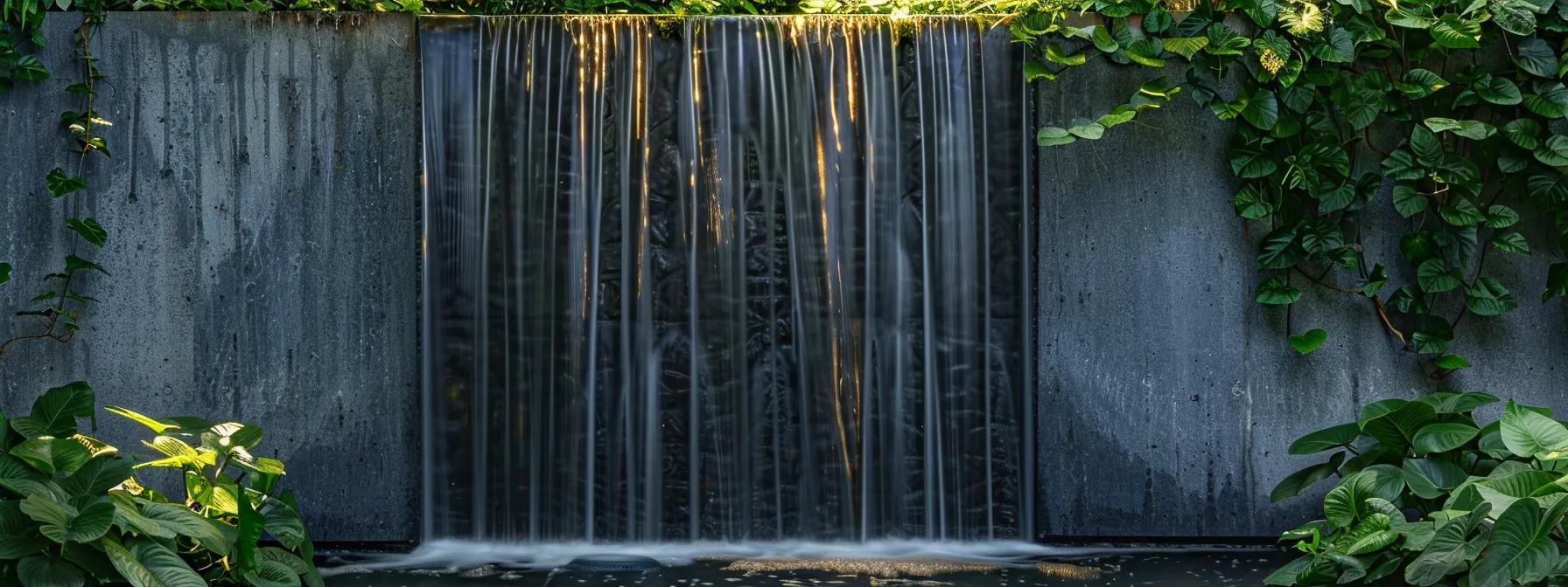 Stand Out Garden: Building a Water Wall Fountain Made Easy 1 Modern concrete water wall fountain surrounded by lush greenery, showcasing flowing water that enhances garden aesthetics and creates a serene ambiance.